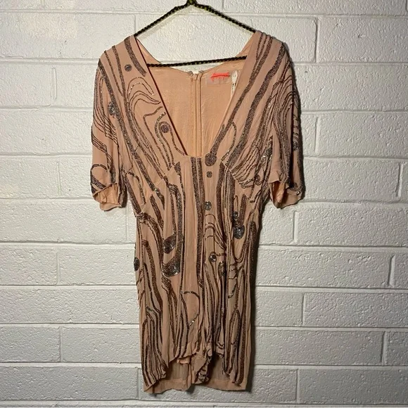 Free People Romper Plunge Beaded Pink Sparkle Women’s 6 Short Mini Dress Unique - Picture 15 of 16